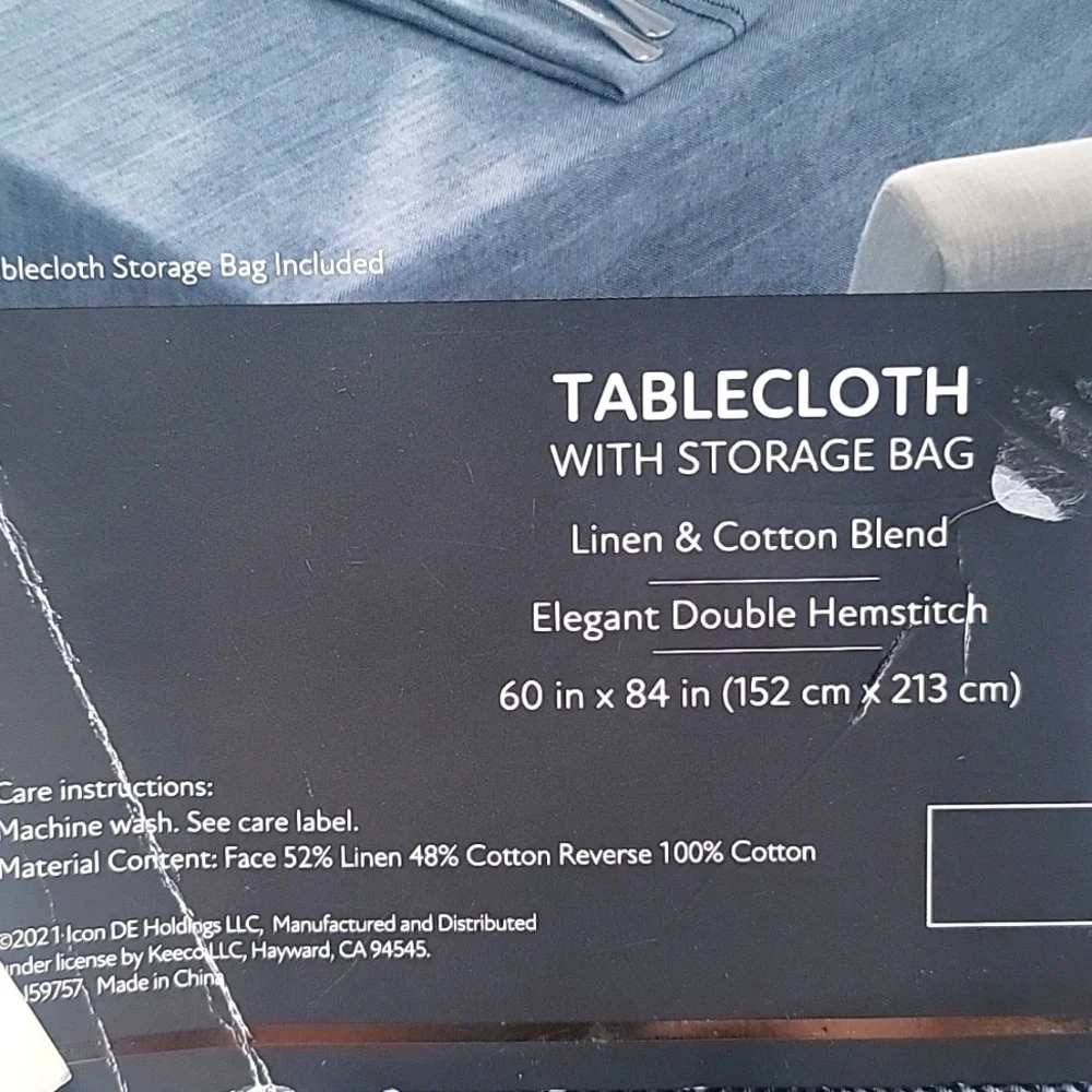 Fieldcrest Luxury Cotton Linen Harringbone Tablecloth 60 x 84 Navy Blue